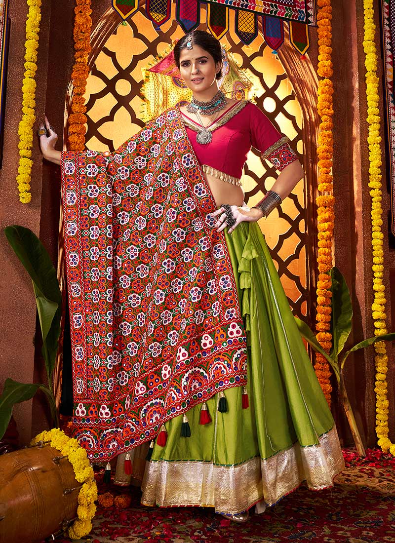 Green Silk Kutch With Mirror Gota Work Chaniya Choli