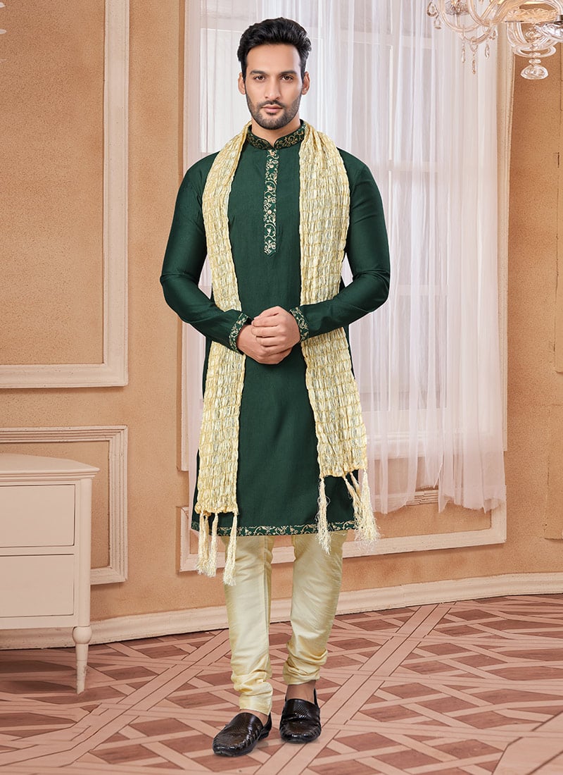 Green Silk Lace Work Kurta Pyjama Festive Wear