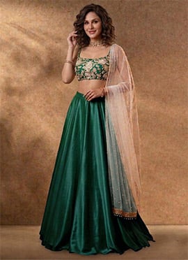 Green Silk Lehenga Set With Hand Embroidered Sequins And Mirror Work