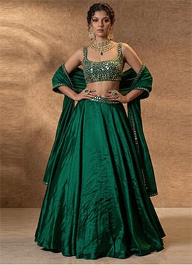 Green Silk Lehenga Set With Hand Embroidered Zari And Mirror Work