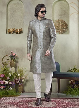 Green Silk Printed Classic Sherwani