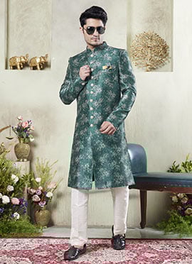 Green Silk Printed Classic Sherwani Festive Wear