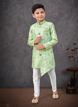 Green Silk Printed Embroidered Sequins Boys Indowestern Sherwani