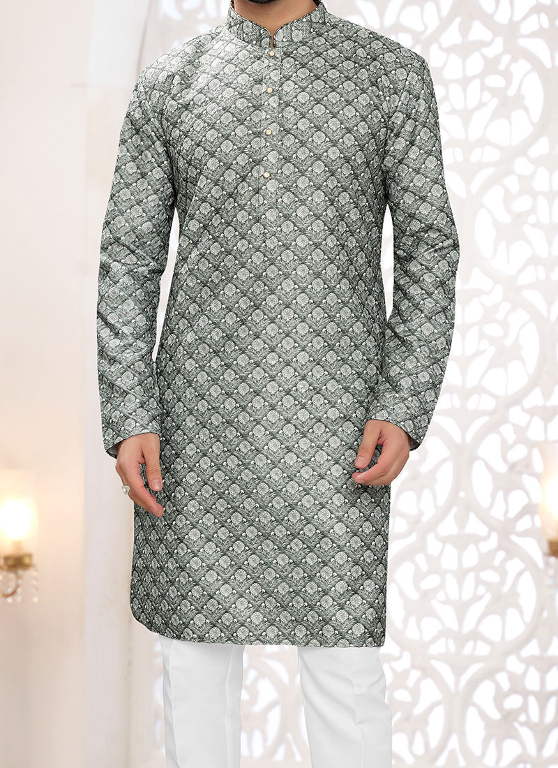 Men Green Silk Blend Straight Kurta Pyjama Set