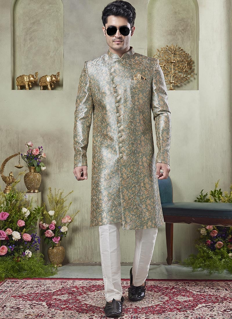 Green Silk Printed Indowestern Sherwani Festive Wear
