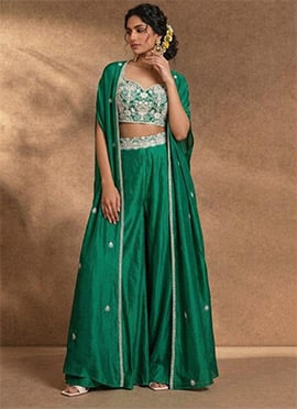 Green Silk Resham Indowestern Jacket Palazzo Set