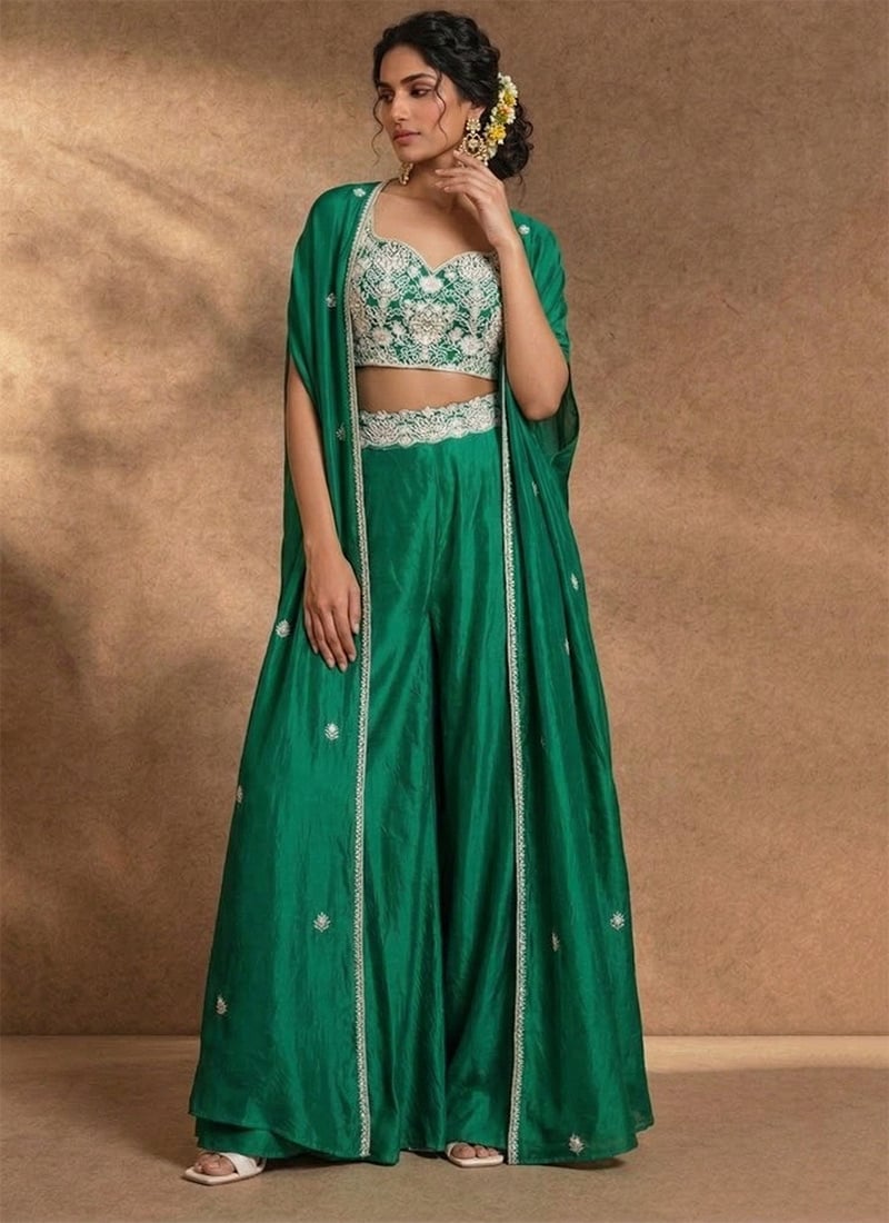 Green Silk Resham Indowestern Jacket Palazzo Set Wedding Wear
