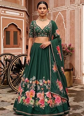 Green Silk Resham Sequins Embroidered Digital Print Lehenga
