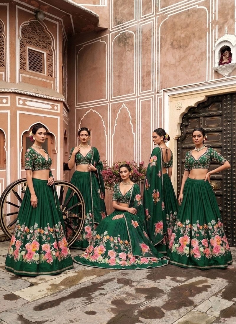 Green Silk Resham Sequins Embroidered Digital Print Lehenga Wedding Wear