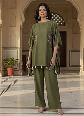 Green Silk Resham Sequins Embroidered Indowestern Set
