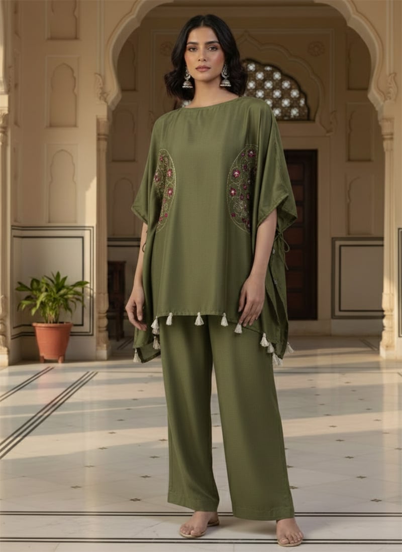 Green Silk Resham Sequins Embroidered Indowestern Set After Six Wear