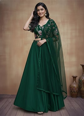 Green Silk Resham Sequins Hand Embroidered A Line Lehenga