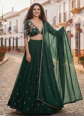 Green Silk Resham Work Lehenga