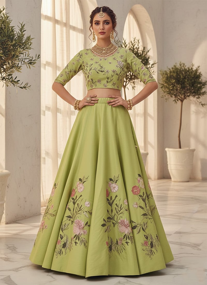 Green Silk Resham Work Lehenga Wedding Wear