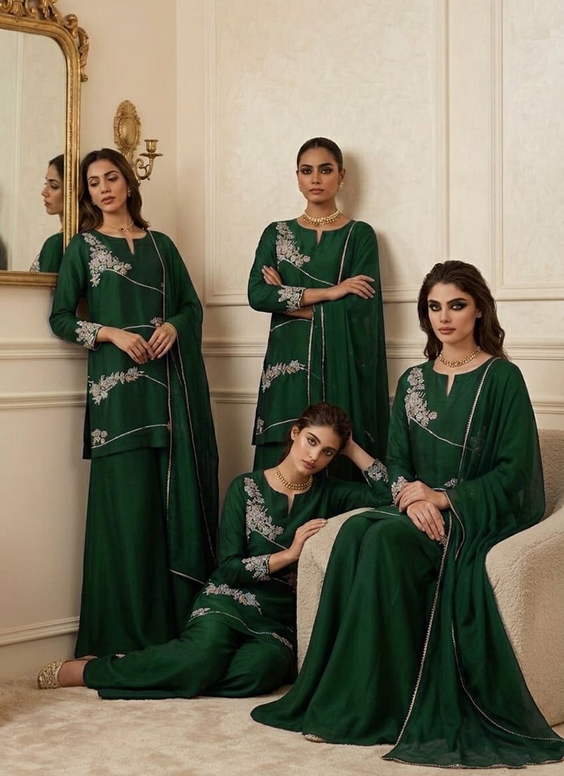 Green Silk Resham Zari Sequins Palazzo Suit After Six Wear
