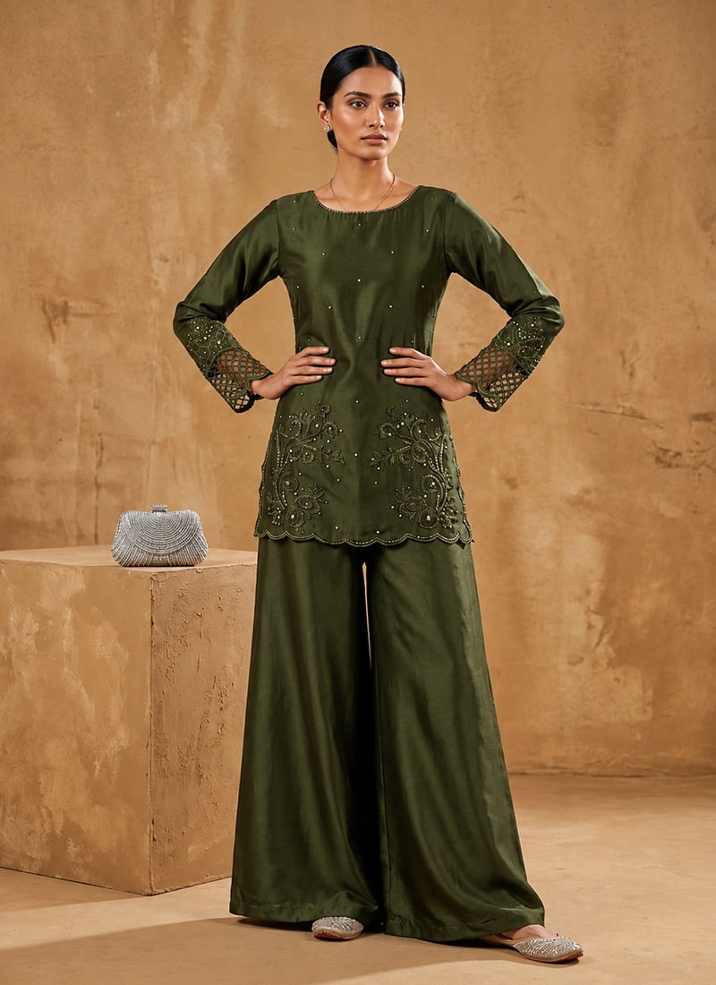 Green Silk Sequins Beads Embroidered Palazzo Suit Festive Wear