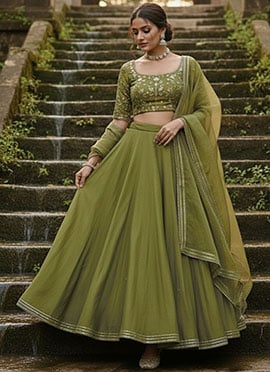 Green Silk Sequins Beads Hand Embroidered Umbrella Lehenga