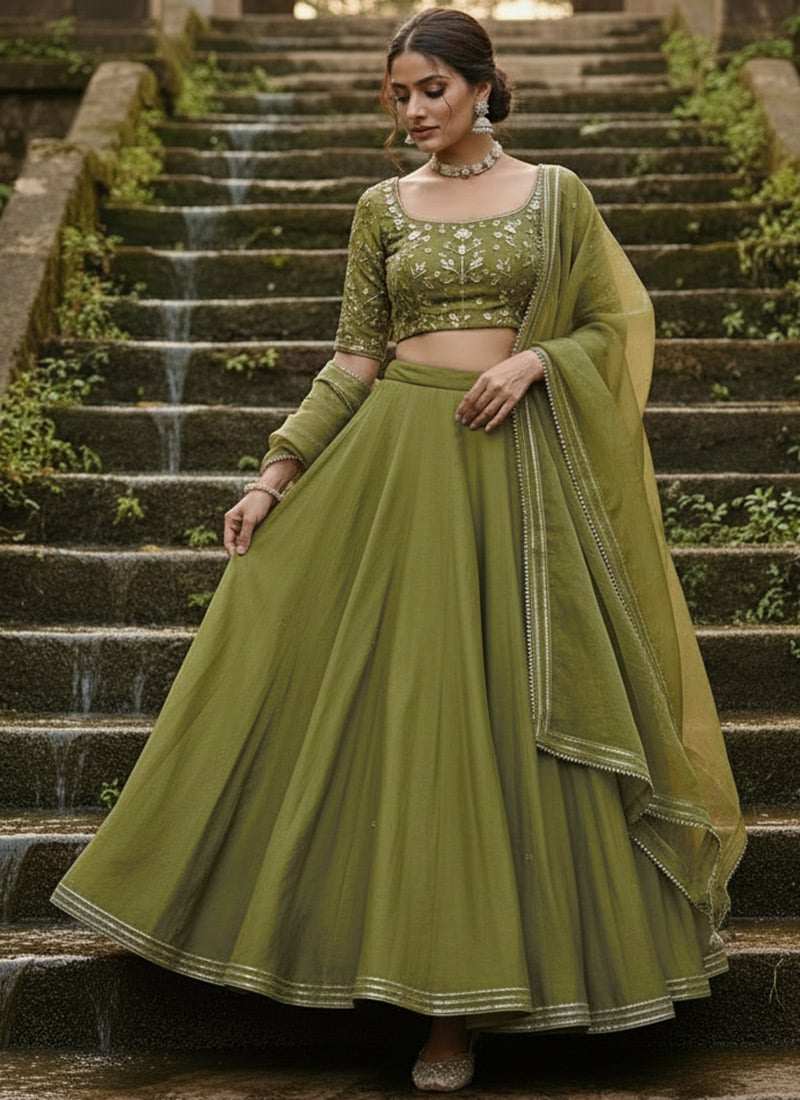 Green Silk Sequins Beads Hand Embroidered Umbrella Lehenga Wedding Wear