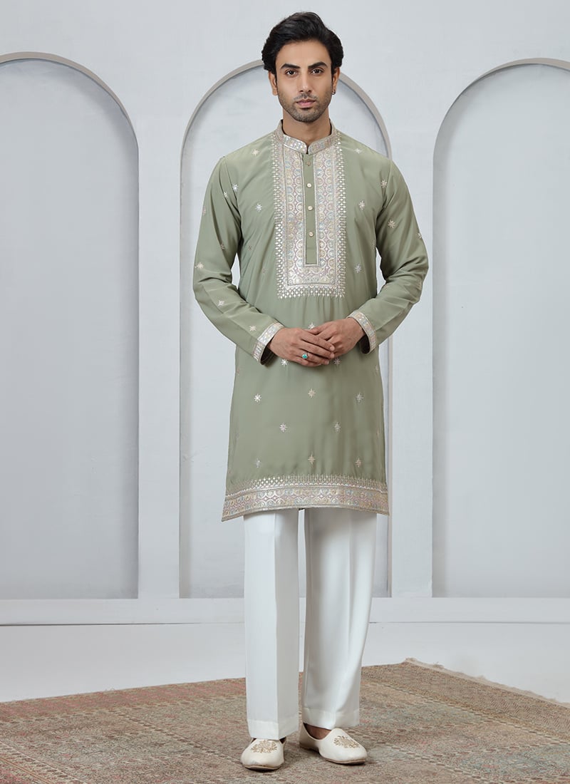 Green Silk Sequins Embroidered Kurta Pyjama Festive Wear