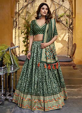 Green Silk Sequins Embroidered Thread Umbrella Lehenga