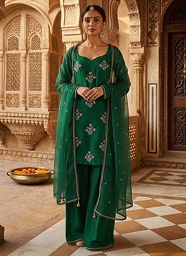 Green Silk Sequins Farshi Suit