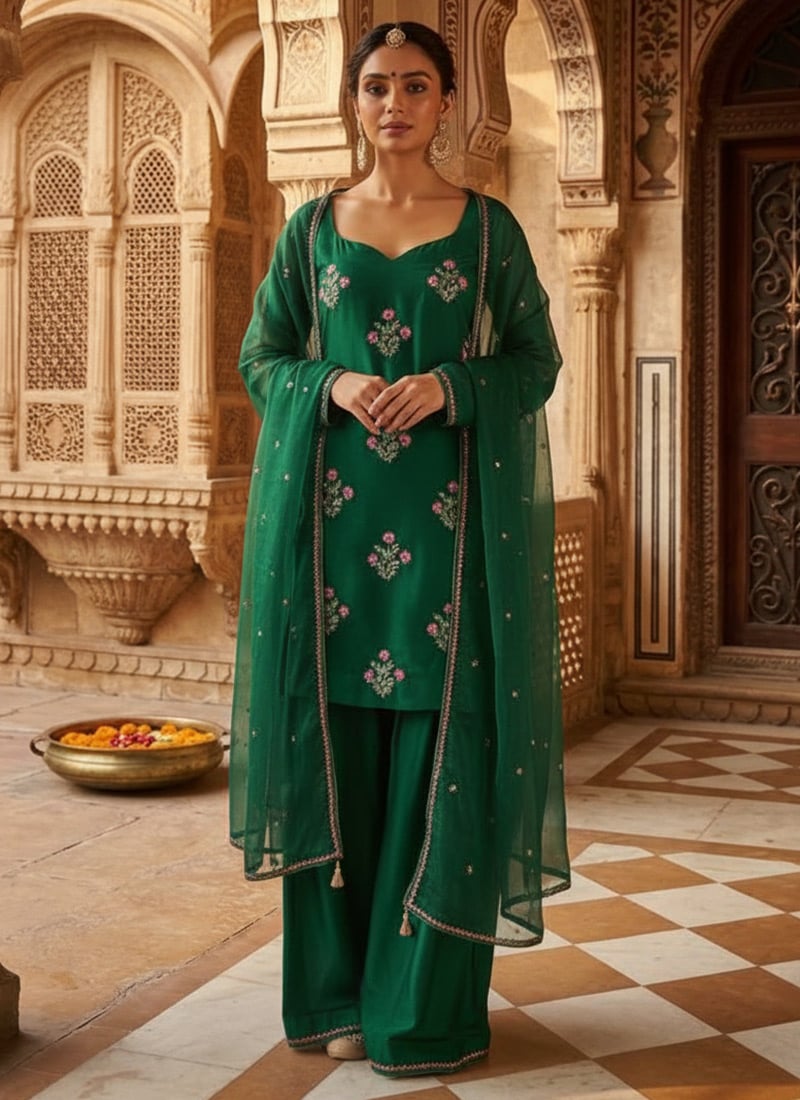 Green Silk Sequins Farshi Suit Festive Wear