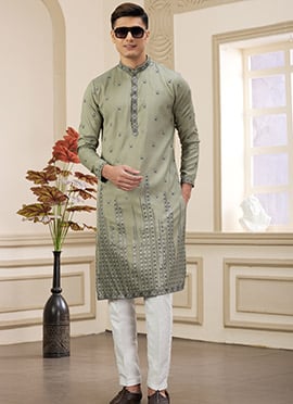 Green Silk Sequins Kurta Pyjama