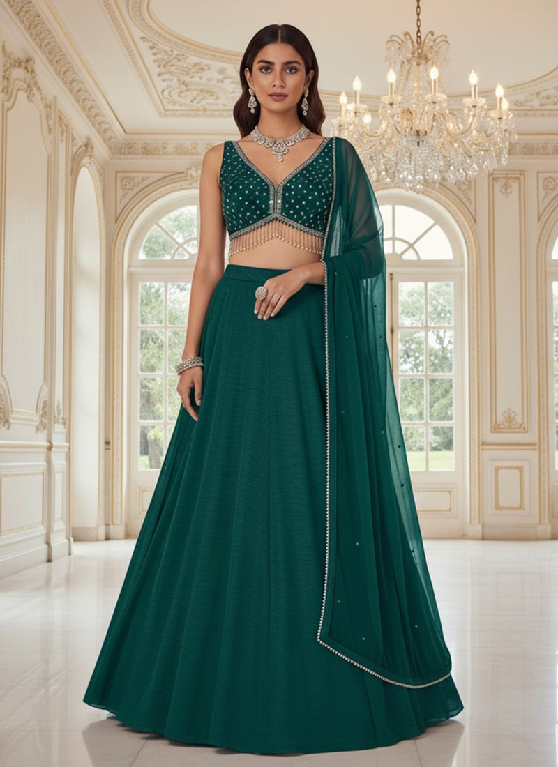 Green Silk Sequins Lehenga Wedding Wear