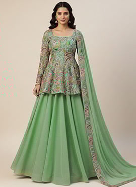 Green Silk Sequins Silk Umbrella Lehenga