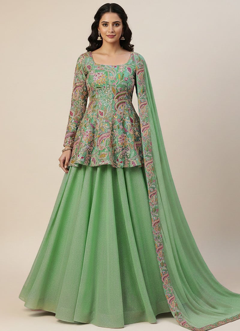 Green Silk Sequins Silk Umbrella Lehenga Festive Wear