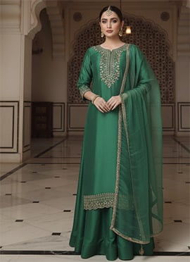 Green Silk Sequins Zari Long Choli Style Lehenga Set