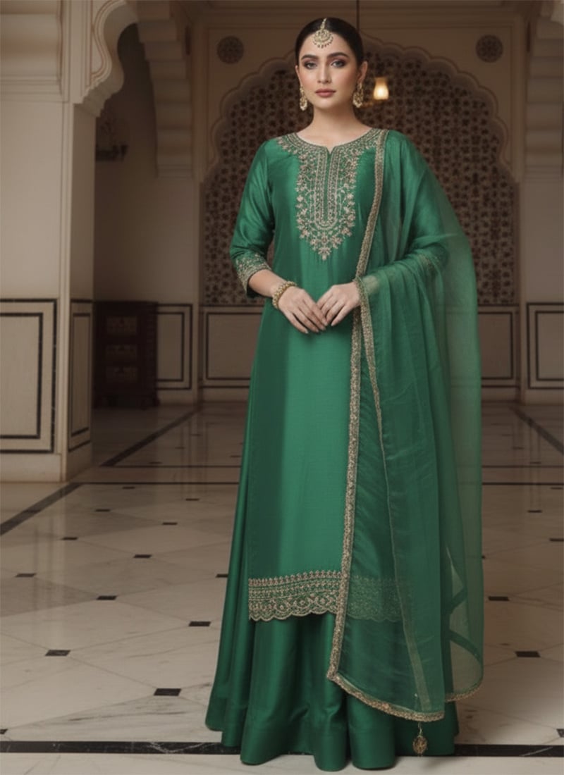 Green Silk Sequins Zari Long Choli Style Lehenga Set Festive Wear