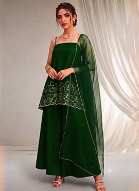 Green Silk Spaghetti Strap Neckline Resham Palazzo Suit