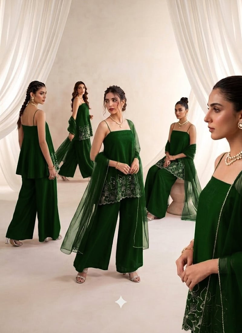 Green Silk Spaghetti Strap Neckline Resham Palazzo Suit Festive Wear
