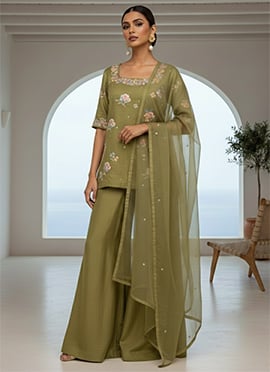 Green Silk Stone Embellished Palazzo Suit