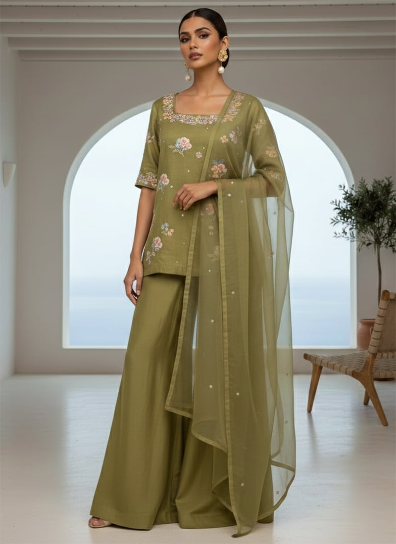 Green Silk Stone Embellished Palazzo Suit Festive Wear