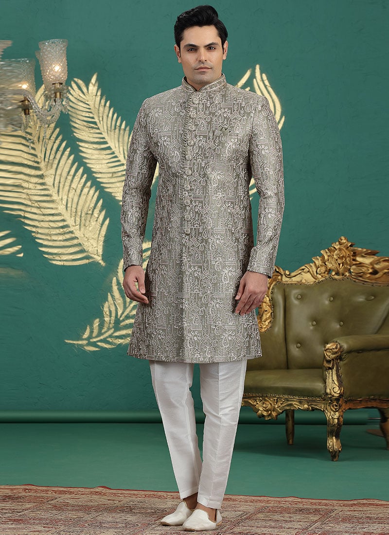Green Silk Stones Sequins Embroidered Thread Hand Embroidered Indowestern Sherwani Wedding Wear