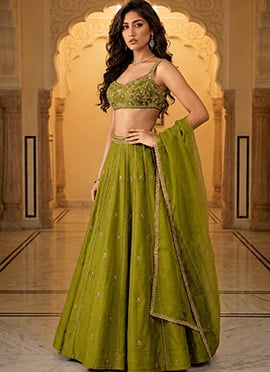Green Silk Stones Sequins Zari Hand Embroidered Lehenga