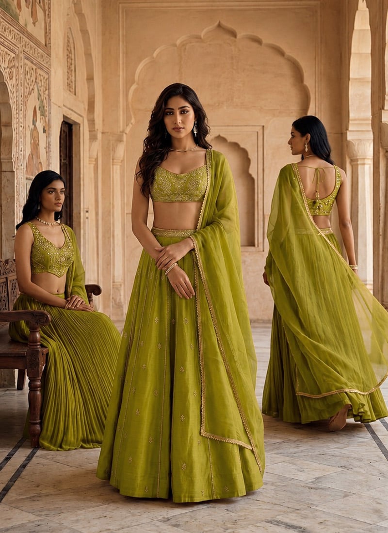Green Silk Stones Sequins Zari Hand Embroidered Lehenga Wedding Wear