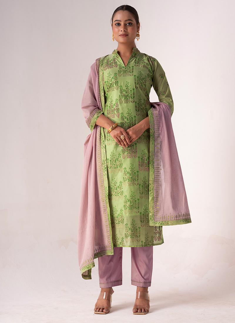 Green Silk Straight Pant Suit Printed Embroidered Sequins With Dupatta Party Wear