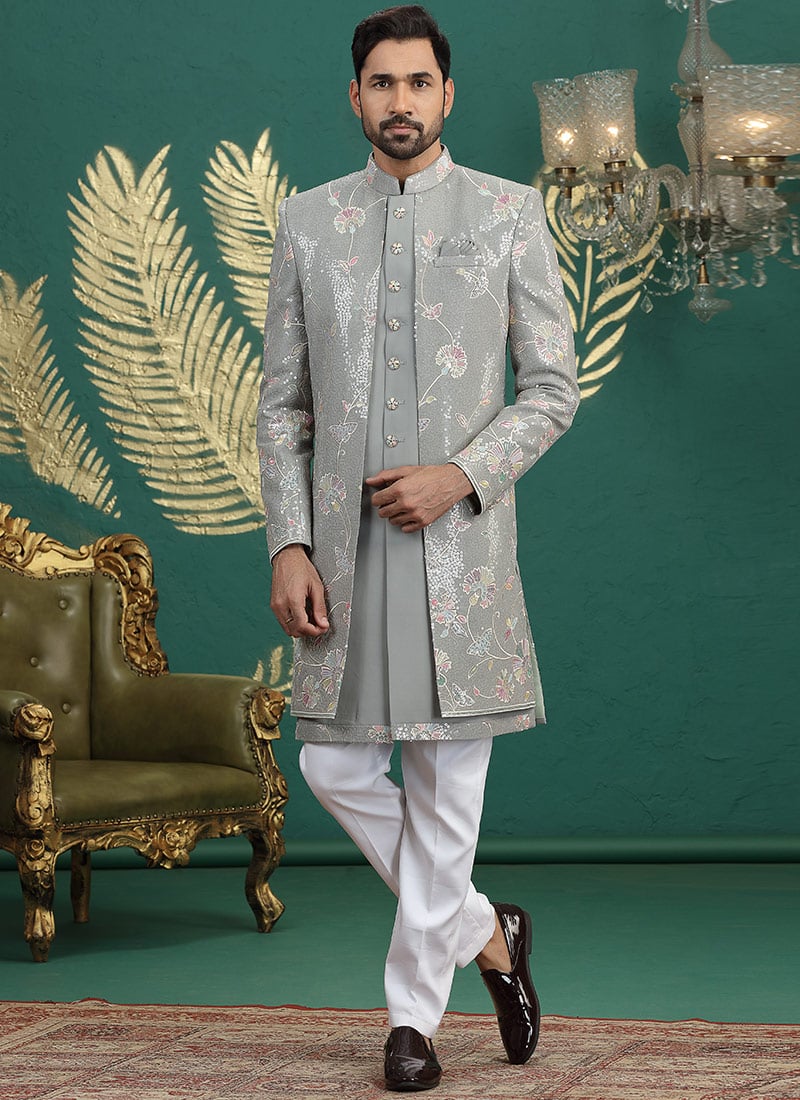Green Silk Thread Sequins Embroidered Indowestern Sherwani Wedding Wear