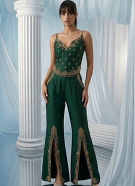 Green Silk Zardosi Sequins Hand Embroidered Indowestern Palazzo Set