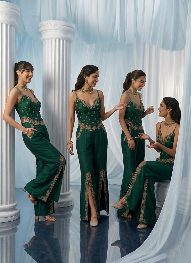 Green Silk Zardosi Sequins Hand Embroidered Indowestern Palazzo Set Wedding Wear