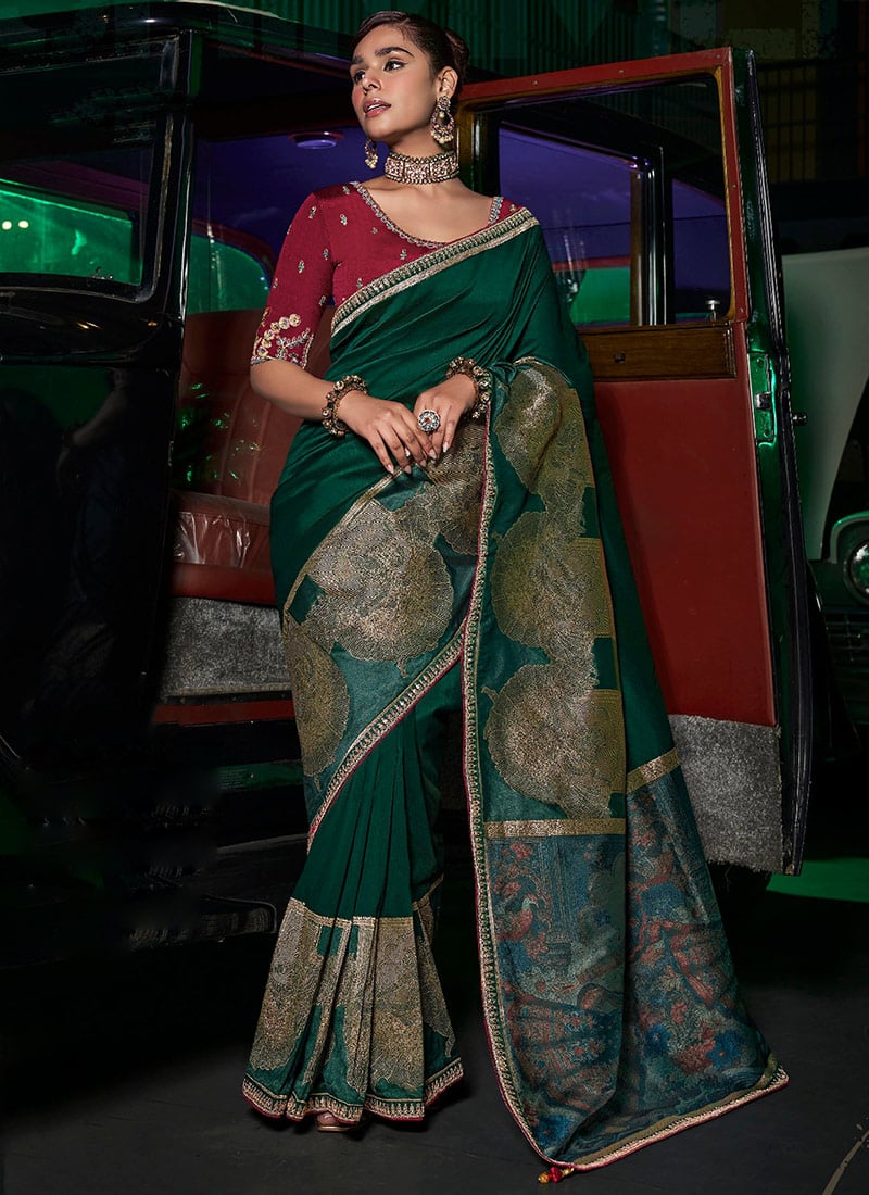 Green Silk Zari And Thread Embroidered Sequins Saree Festive Wear