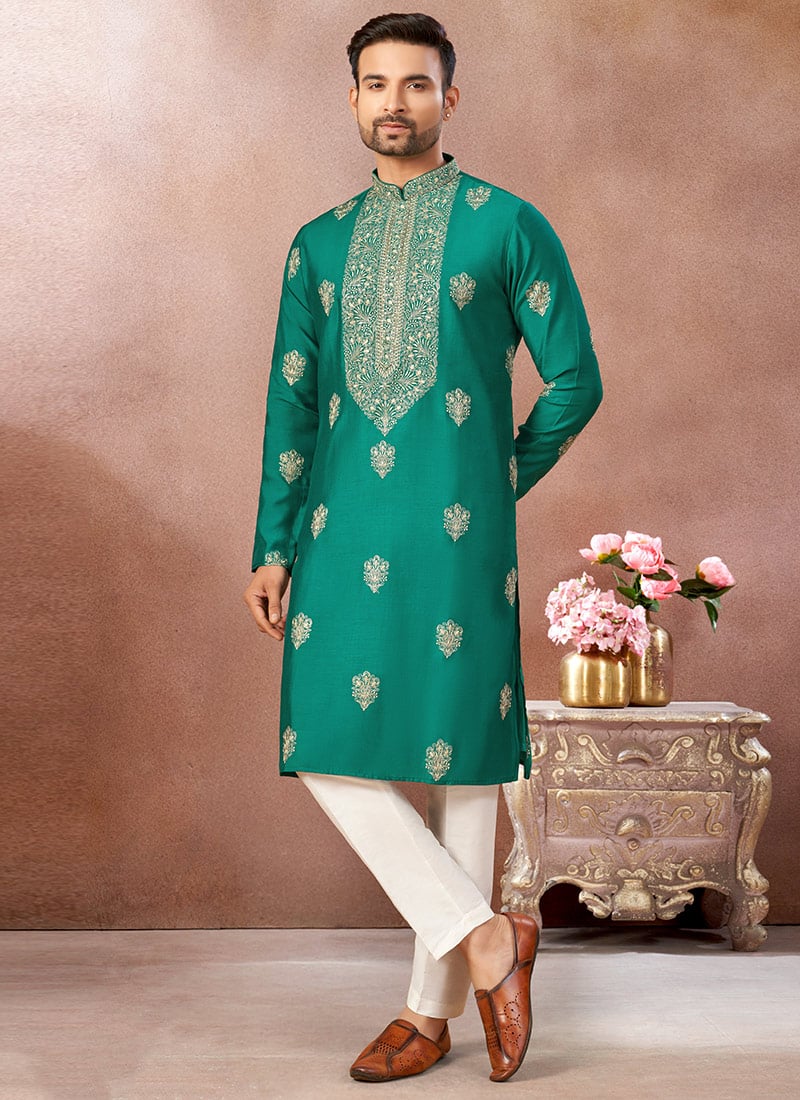 Green Silk Zari Embroidered Kurta Pyjama Festive Wear