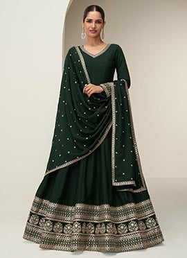 Green Silk Zari Embroidered Sequins Anarkali Suit