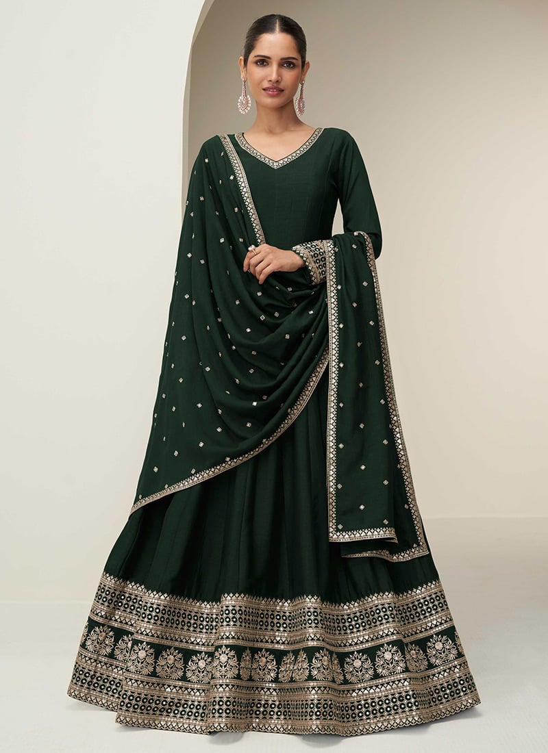 Green Silk Zari Embroidered Sequins Anarkali Suit Festive Wear
