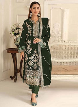 Green Silk Zari Embroidered Sequins Pakistani Straight Pant Suit
