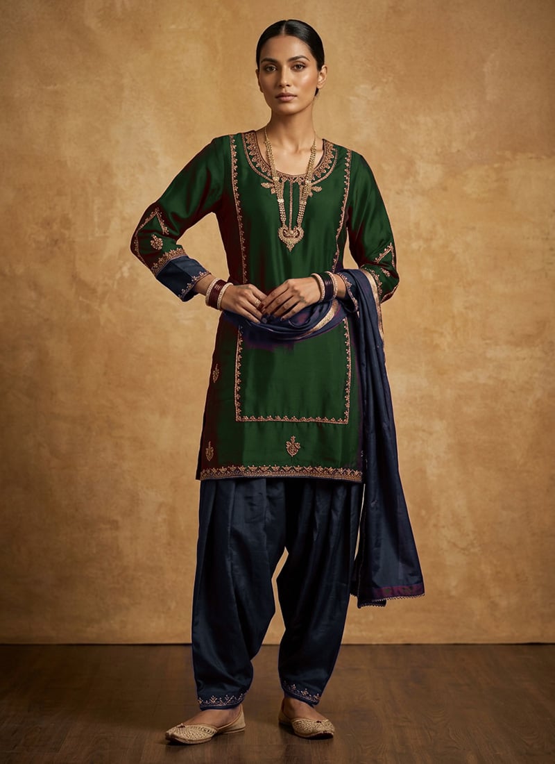 Green Silk Zari Embroidered Sequins Patiala Suit Festive Wear
