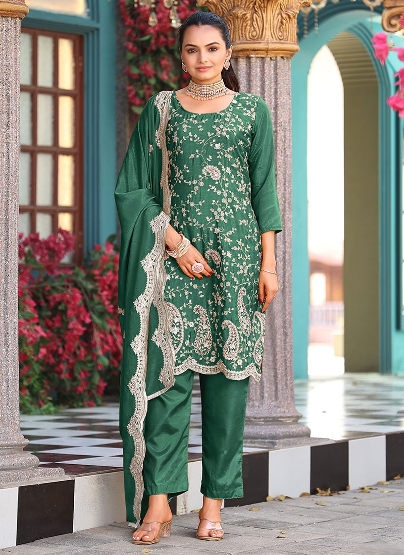 Green Silk Zari Embroidered Sequins Straight Pant Suit Festive Wear